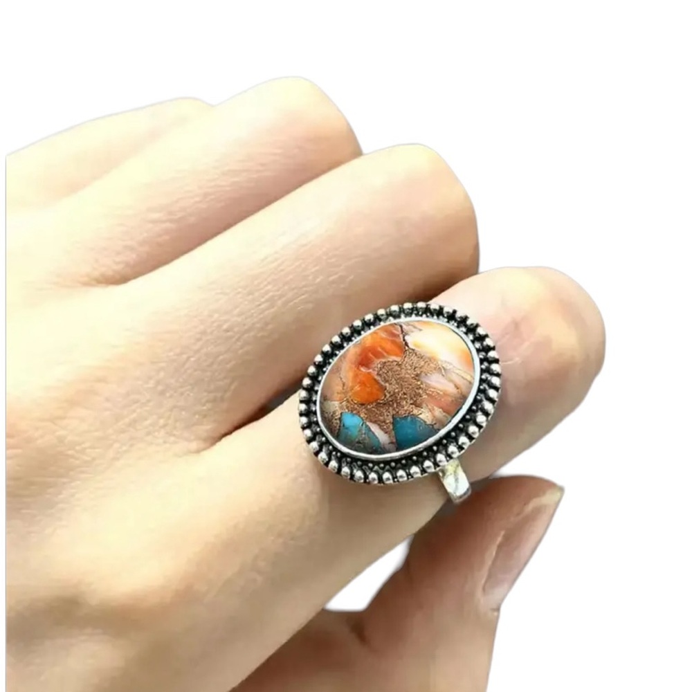 Boho Earth Tones Oval Beaded Resin Ring - Picture 3 of 8